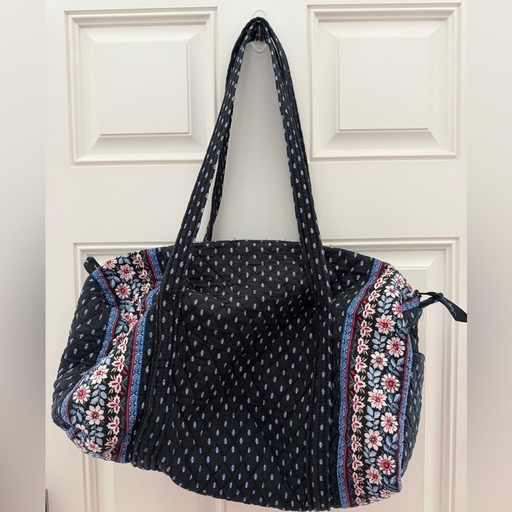 Vera Bradley Black Quilted Tote with Blue & Pink Floral Trim